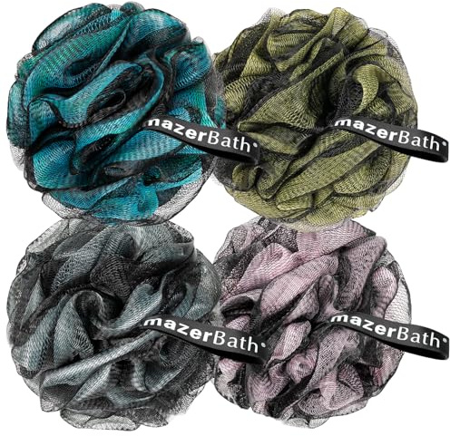 AmazerBath Charcoal Loofah Sponge, Shower Loofah 60g/PCS - Body Scrubber Loofa Set of 4 - Charcoal Blue, Gray, Pink & Army Green, Bath Sponge for Men and Women