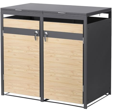 ML-Design Box pour 2 Poubelles, jusqu'à 240L,132x80x120 cm, en Acier, Anthracite/Aspect Mélèze, Résistant aux Intempéries, Habillage de Poubelle, Couvercle Rabattable/2 Portes, Conteneur Abri Hangar