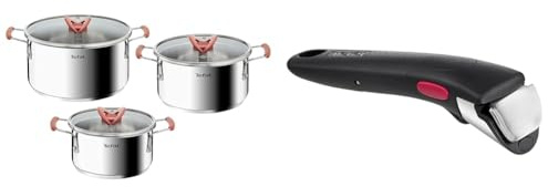 Tefal Opti’Space Lot de 3 faitouts 18/20/24 cm + 3 couvercles verre, Induction, Acier inoxydable & Ingenio Poignée amovible noire, Empilable, Verrouillage sécurité 3 points