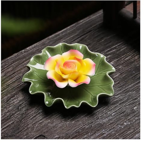 Räucherstäbchenhalter Handgefertigtes Keramik-Räucherstäbchen-Tablett mit Imitation von Blumenfäden – Aroma-Diffusor for Zuhause, Teestube, Lotusblatt-Basis, Buddha-Hall-Räuchergefäß Räucherkegel(Rose
