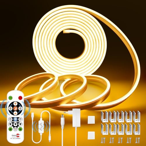 Öuesen Neon LED Strip 5M Warmweiss, 2700K Streifen 24V Dimmbar, Lichtband IP65 Wasserdicht, Lichtleiste mit Fernbedienung und Netzteil, LED Band 5M Silikon DIY Flexibel für Aussenbereich Küche Innen