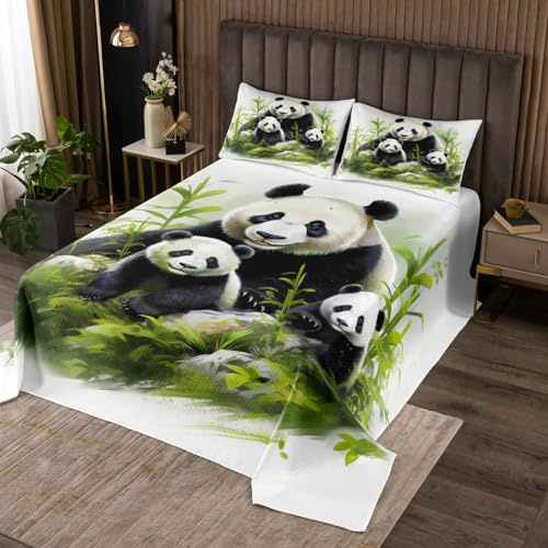 Colcha infantil de oso panda tamaño King, juego de colcha de plantas botánicas verdes, decoración de habitación de niños y niñas, colcha acolchada rústica de animales silvestres, edredón blanco y