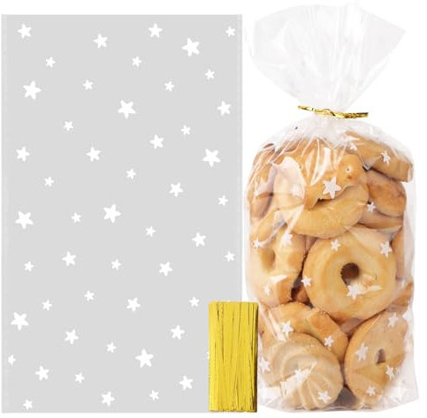 100pz Sacchetti Biscotti Natale Buste Sacchetti Regalo Natale Plastica Trasparenti per Alimenti Dolci Natalizi Pensieri Caramelle (A-Stelle)