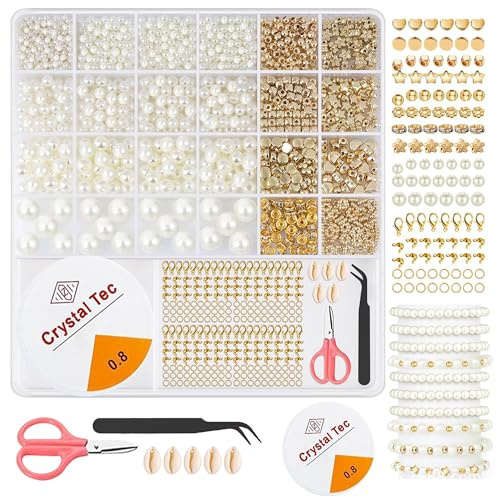 Lunyloer Weiße Perlen Set, 1200 Stück Weiße Perlen zum Auffädeln, Unregelmäßige Geformte Kunstperlen für DIY Schmuck Bracelet Making Kit, Feiertage Partys Weihnachten