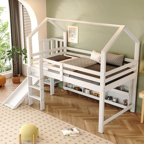Sapgaks Etagenbett für Kinder, 90 x 200, Hüttenbett für Kinder mit Stauraum, Hochbett, 2-Sitzer, Treppe, Kinderbett mit Barriere, Hochbett mit Treppe, Etagenbett mit Rutsche & Schließfach, weiß