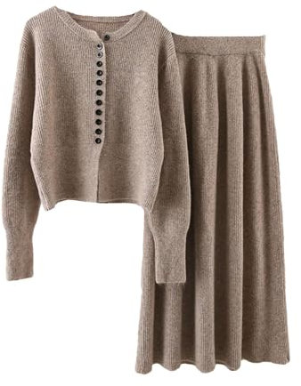 2-teiliges Pullover-Set, einreihige Strickjacke, A-Linie, Röcke, Strickset, khaki, Einheitsgröße