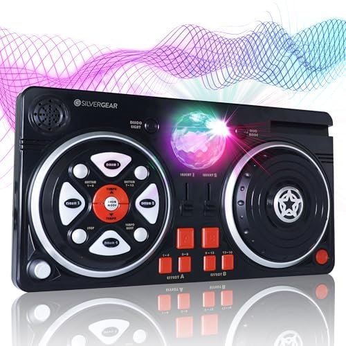 Silvergear® DJ Mixer per Bambini | DJ Mix con Palla da Discoteca | 46 Effetti Sonori | DJ Console con AUX | Portatile e a Batterie | 39.3 x20.5x6.4 cm | Nero