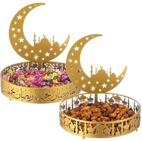 Perthlin 2 Stück Ramadan Tablett Metall Eid Mubarak Tablett Ramadan Serviertablett Runde Muslimische Desserttabletts aus Metall Lebensmittelaufbewahrungsbehälter für Muslimische Tischdekoration