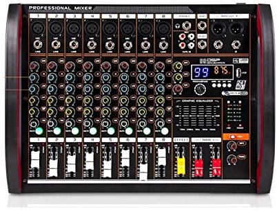 YQVEOT Audio Mixer, DJ Controller Sound Mixer, 8 Channel Digital Mixer Mixing Console USB Computer Power Live Broadcast Recording DJ Equipment Professional, Ideal for Home Party and Karaoke