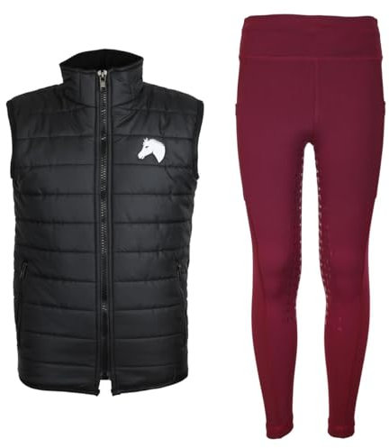 MS-Trachten Reitset Winter Kinder Reitweste Moni Schwarz gesteppt mit Reitleggings Amy Bordeaux (146/152)