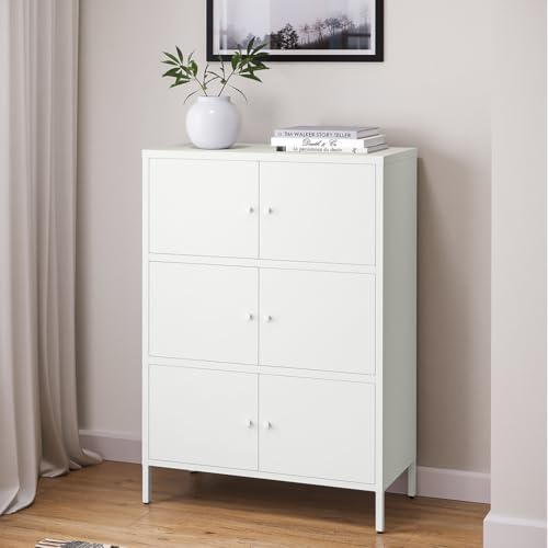 skølm Atriona Kommode 80 cm, mit 3 Fächern, Weiß, Sideboard mit 6 Türen | Metallschrank, Kleiner Mehrzweckschrank breit, höhenverstellbare Füße, Aufbewahrungsschrank, Wohnzimmerschrank, Flurschrank