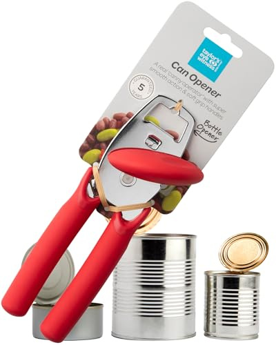 Abrelatas de acero inoxidable superior, duradero, fácil de usar, ruedas de corte suaves y cómodo agarre suave, asas rojas. Incluye abridor de tapas de botella. Apto para lavavajillas.