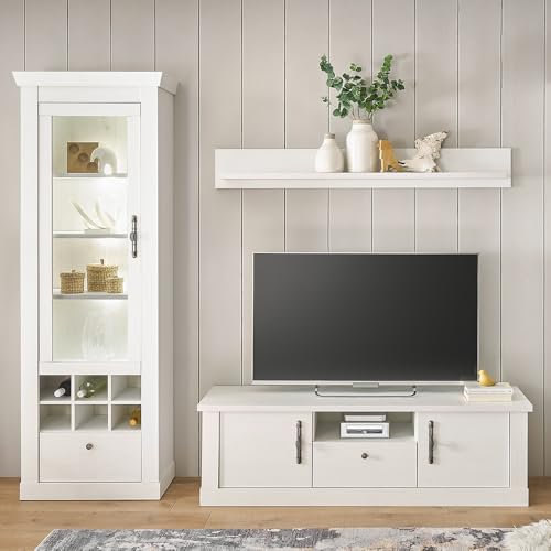 Lomadox Wohnwand Wohnmöbel Set, Pinie weiß, 3-teilig, Landhaus-Stil, Vitrine, Wandboard, Lowboard, inkl. LED-Beleuchtung
