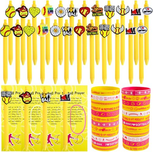 LiYiQ 72 Pcs Softball Party Favors Softball Team Gifts Softball Goodie Bags Stuffers Softball Ballpoint Pens Bookmark Card and Silicone Bracelet