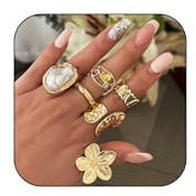 AllJunction 6 klobige goldene Perlenringe für Frauen, Statement-Blume, Kristall, stapelbar, Knöchel, Daumen, Finger, Cocktailring, Silber, Vintage, Hochzeitsschmuck-Set, Large, Zink, Kein Edelstein