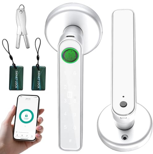 5 in 1 Smart Fingerprint Door Lock, Advanced Automatic Digital Handle with APP/Fingerprint/IC Card/Code/Keys, High-Security Electronic Locks for Modern Home/Office, Sleek Chrome