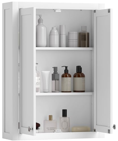 HOMCOM Bathroom Wall Cabinet, Modern Medicine Cabinet Wall Mounted, Over The Toilet Space Saver with 2 Doors and 2 Adjustable Shelves, White