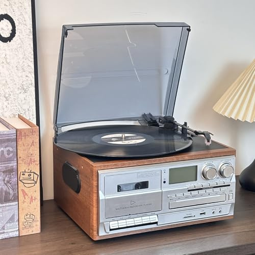 MiBoce 10-in-1 CD Bluetooth Cassette Player, Retro Record Player, 3 Speed Vinyl Turntable & Cassette, with Remote Control, Built-in Speakers, for Entertainment/Office/Bedroom