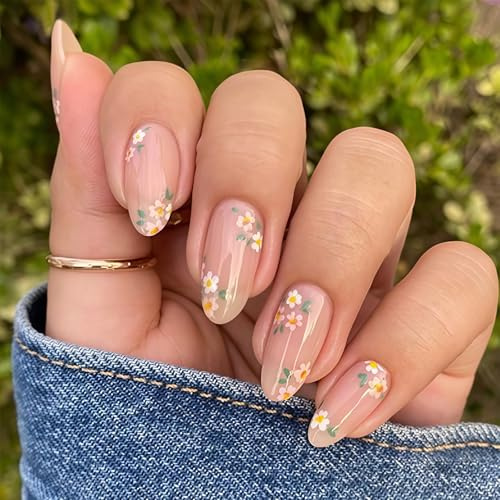 Auroriel 24 pièces ongles pressés amande rose moyen design printanier fleurs marguerites faux ongles french tip réutilisables couverture complète ongles artificiels pour