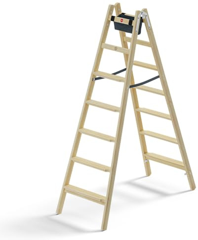 Hailo Master H80 Holz-Doppelstufenleiter 2x7 Stufen bis 150 kg | Beidseitig begehbar, 80 mm Stufen, imprägniertes Kiefernholz, Werkzeugtasche