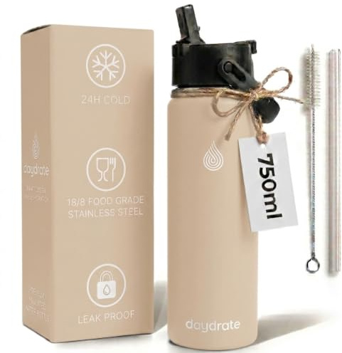 Insulated Metal Water Bottle with Straw 750ml- Stainless Steel Water Bottle, BPA Free, Lid Straw & Spout, Leakproof, 24 Hours Cold & Hot, Work, Travel, Gym Bottle for Men & Women - Sandstone -Daydrate