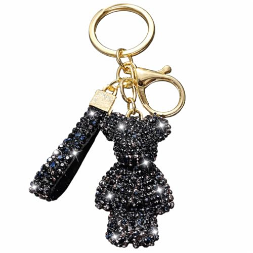 allerley-dealerey Strass Teddy Taschenanhänger Schwarz Gold – Glitzer Schlüsselanhänger Damen – Kristall Bag Charm für Handtasche, Rucksack & Schlüssel – 6,5 cm