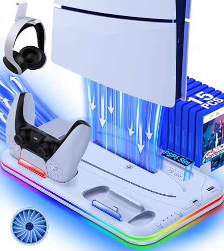 PS5/Slim/Pro Kühlstation mit Dual-Controller-Ladegerät, 3-stufigem Turbolüfter mit Drehzahlanzeige, RGB-Beleuchtungsmodi, Spielkartenfach und Headset-Halterung für PlayStation 5