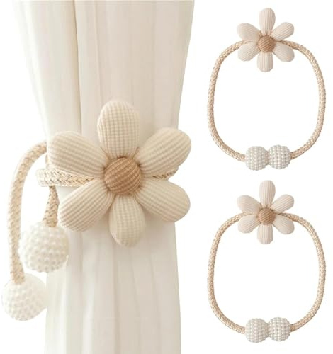 Sumneo 2 Stück Vorhang Raffhalter Gardinenhalter in Blumenform, Vorhanghalter Gardinenraffer Blume Vorhallschnalle zur Dekoration für Wohnzimmer, Schlafzimmer, Büro (cremeweiß)