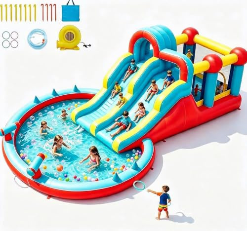 Castillo Hinchable Acuatico para Niños, Parque Acuatico Infantil, Piscina Infantil con Toboganes, Zona de Saltos y Rocódromo, 710*315*220 cm, Centro de Juegos Hinchable Agua para Niños de 3 a 12 Años