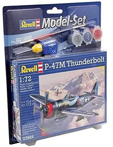 Revell Model Set 63984 P-47M Thunderbolt 1:72 Scale Unbuilt/Unpainted Plastic Model Kit with Contacta Professional Glue, Paintbrush & Selected Aqua Color Paints