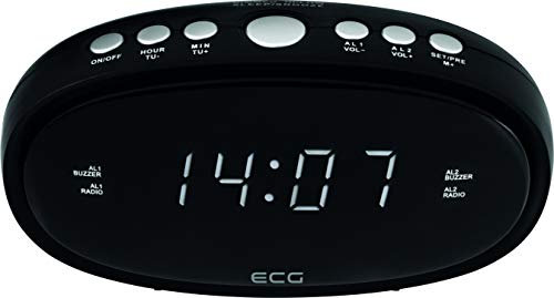 ECG RB 010 Black Radiowecker – FM Tuner; 10 Vorwahlen; Digitale Uhr/Wecker; Wecken durch Radio/Wecker; Funktion aufgehobene Weckzeit; Ausschalt-Timer Schwarz