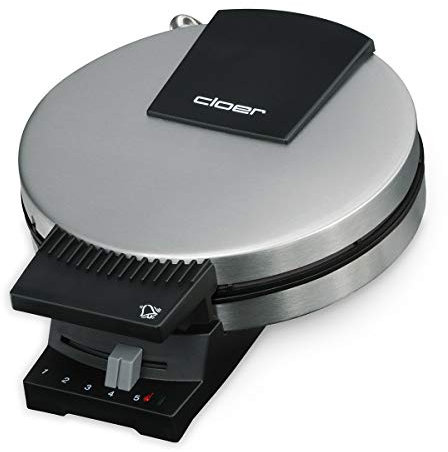 Cloer 289ESR Máquina para barquillos, 800 vatios, Área de horneado 15 cm Ø, revestimiento doble resistente al azúcar, señal acústica y lámparas piloto, Caja de acero inoxidable