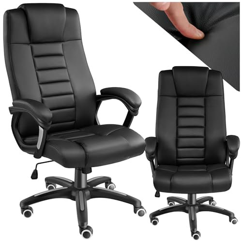 tectake® Bürostuhl, Chefsessel, Drehstuhl mit Rollen, Computerstuhl, höhenverstellbarer Schreibtischstuhl, ergonomischer Bürostuhl aus Kunstleder, Armlehnen & Wippfunktion, 12 cm Polsterung - schwarz