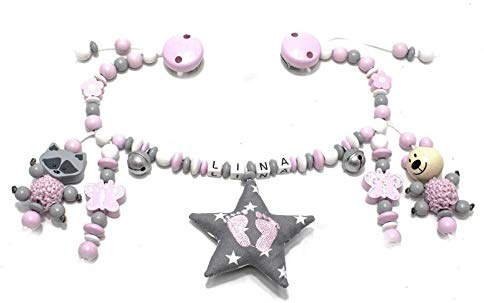 Kinderwagenkette Mädchen rosa grau Knisterstern Teddys Glöckchen