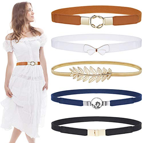 EAONE Skinny Belts for Women 5 Pack, Fashion Dress Belts Stretch Women Waist Belts Plus Size Elastic Waist Band for Dresses