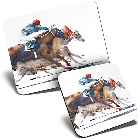 Mouse Mat & Coaster Set - Horse Racing Jockey Race 23.5 x 19.6 cm & 9 x 9 cm for Computer & Laptop, Office, Gift, Non-slip Base #21697