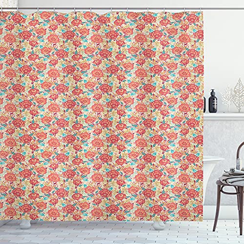 ABAKUHAUS Blumen Duschvorhang, Sommerzeit Blumen-Blatt, Stoffliches Gewebe Badezimmerdekorationsset mit Haken, 175 x 180 cm, Eierschalenfarben Dunkle Koralle