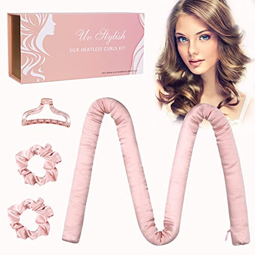 UV STYLISH Silk Heatless Curling Ribbon - 100% Maulbeerseide Lockenwickler , Headband with Hairpin and Clip, die das Haar nicht verletzt, kann während des Schlafs verwendet werden (Pink)
