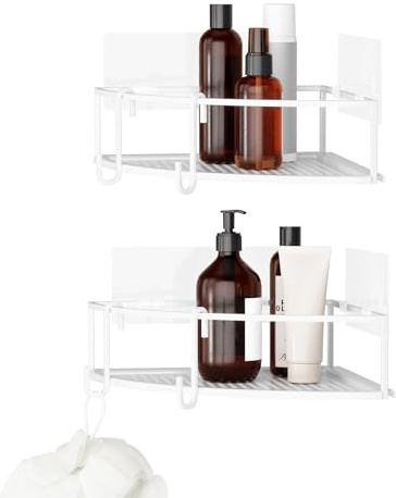Umbra Cubiko Badregal Duschablage, ohne Bohren, 2er-Set, Weiss | Metall, selbstklebend, mit Haken, belastbar bis 4,5 kg, rostbeständig, für Bad und Dusche