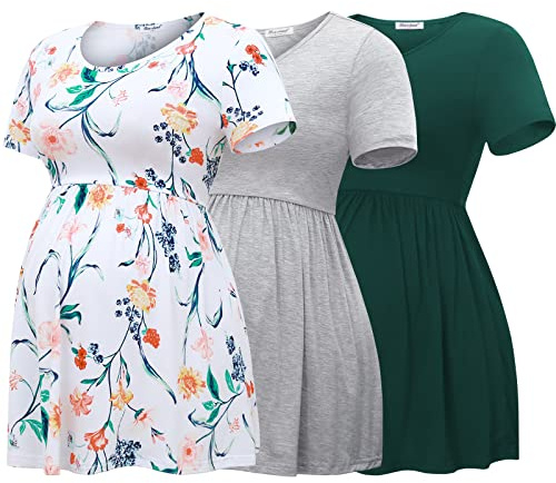 Bearsland moderskap toppar kortärmad rund hals amning t-shirt graviditetskläder, Grön och ljusgrå och vit blomma, XXL