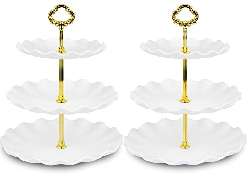 NWK Pack of 2 Large Stable 3-Tier Cupcake Stand 30cm Height Plastic Cake Stand Food Round Display for Wedding Birthday Graduation Afternoon Tea Party (Gold, Large)