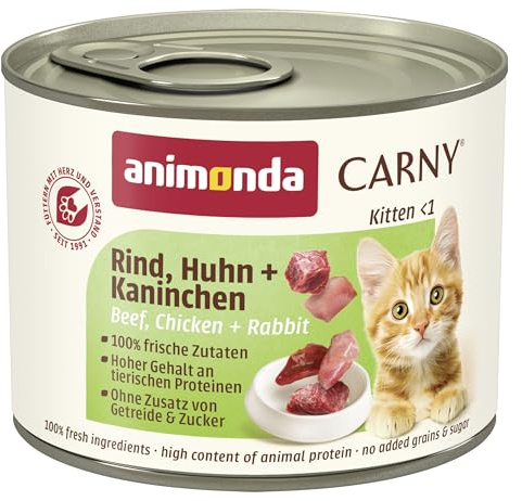 Carny Nourriture Humide pour Chatons au bœuf + Poulet + Lapin (12 x 200 g) - Nourriture Humide sans céréales ni Sucre - Animonda pour Chatons en Croissance jusqu'à 1 an - avec ingrédients Frais