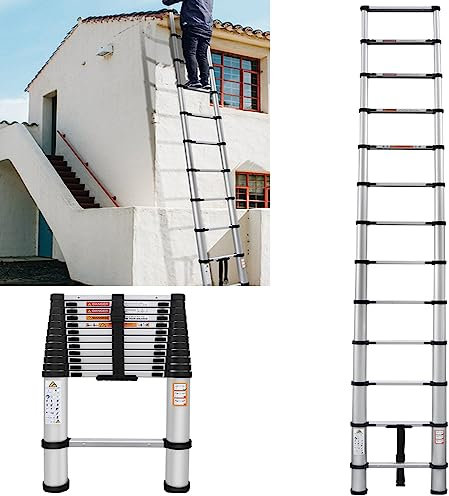 10.5FT/3.2M Aluminum Telescoping Extension Ladders, Multi-Purpose Folding Aluminum Telescopic Ladder, Portable Lightweight Folding Ladder with Non-Slip Feet, Max Load 330lb/150kg, EN131 Standards
