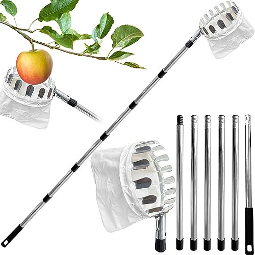 Apple Picker with Telescopic Handle, 2.6M Fruit Picker, Fruit Picker Tool with Lightweight Stainless Steel Connecting Pole and Fabric Bag, Fruit Grabber Easy to Assemble, Tree Picker for Orange Etc