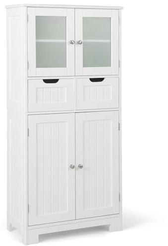 LIFEZEAL Armario Suelo de Baño, Mueble de Baño con Estantes Ajustable, Mueble de Almacenaje con Cajones y Doble Puerta, Mueble Lateral Multifuncional para Cocina (Blanco)