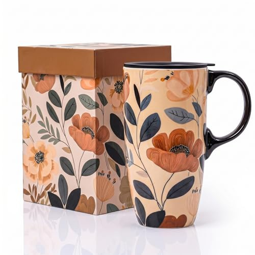 DUSVALLY Kaffemugg kaffe keramiska muggar latte tekopp med lock och presentask 47 ml. Stor mugg, blommor