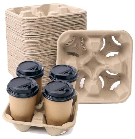 UBozeuiv Disposable Compostable Drink Carriers, 100 Pack | Paper Pulp Cup Holder for 4 Cups (8-32 oz) | Biodegradable Tray for Coffee, Bubble Tea, Takeout & Delivery