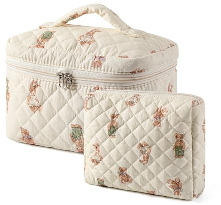 uekeboag 2-teiliges Make-up-Taschen-Set mit Blumenmuster, gesteppt, für Damen, Baumwolle, gesteppt, Kosmetiktasche, ästhetisch, niedlich, Reise-Kulturbeutel
