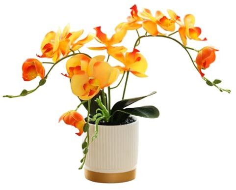 Fiore Artificiale di Orchidea a Tre Punte Arancione Fondo Dorato Fiore Decorativo Phalaenopsis con Vaso di Fiori Farfalla di Simulazione Bianco in Vaso (arancia)