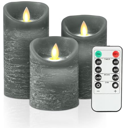 KeeFos [3 piezas Velas LED, LED Velas sin llama, Cera Real, Luz Centelleante, Velas al aire libre, Con Control Remoto y Función Temporizador para Bodas, Fiestas, Festivales, Navidad - Gris